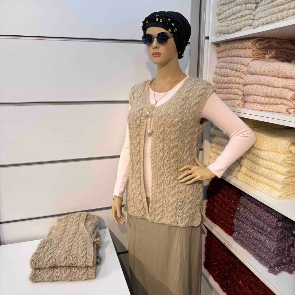 Simli Bağlı Saç Örgü Yelek